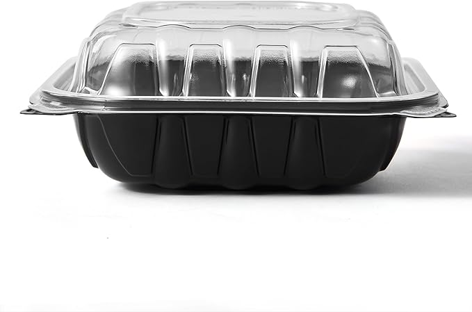 CIAO! 8"x8"x3" Polypropylene Black bottom with Clear Lid Hinged Container 1 Compartment Take Out Container, Microwavable, Recyclable and Reusable, (Case of 150)