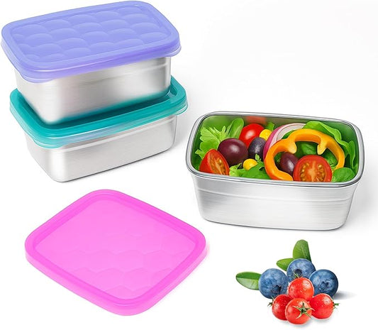 3-Pack Stainless Steel Snack Containers for Kids & Toddlers - 550ml (18oz) Leakproof Reusable Food Containers with LFGB Certified Lids | Stackable Metal Lunch Box for Daycare, School, Travel