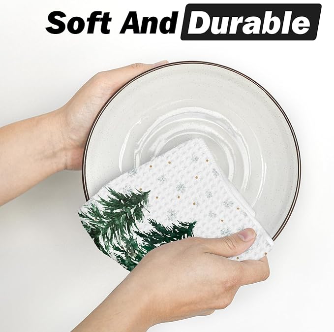 Artoid Mode Snowflakes Xmas Tree Christmas Kitchen Dish Cloths, 12x12 Inch Quick Dry Microfiber Dishcloths for Kitchen Dish Rags Set of 2