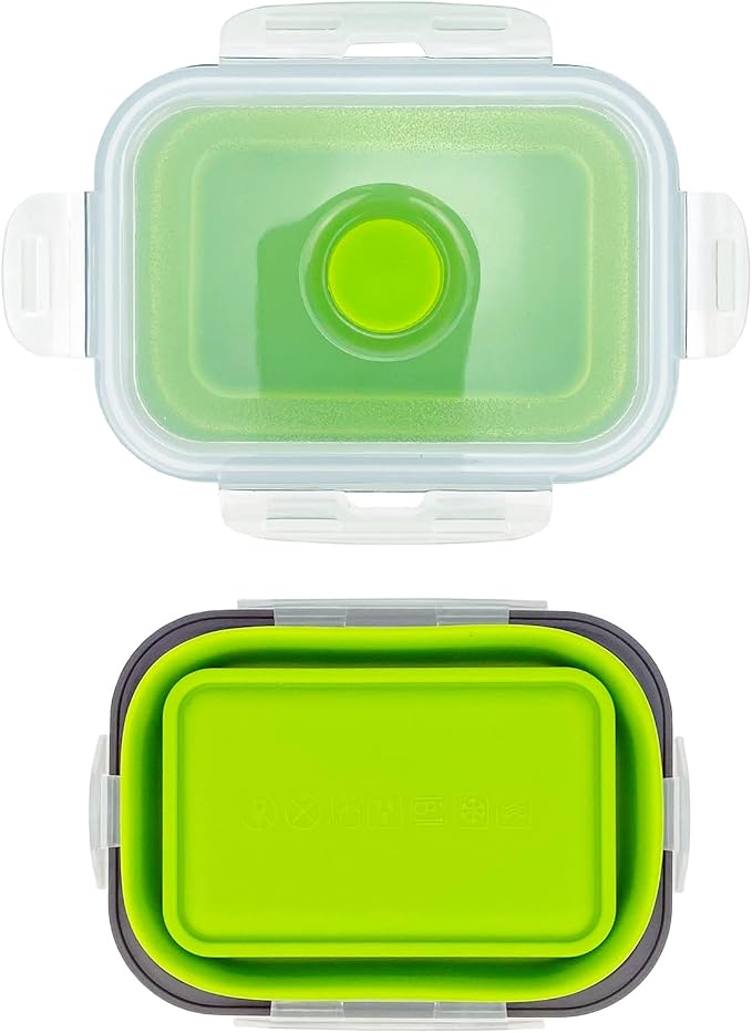 CCyanzi 3piece Collapsible Food Storage Containers with Lids, Silicone Lunch Container, Microwave & Freezer Safe, Space Saving for Kitchen Cabinet and Camping Backpack,(green gray)
