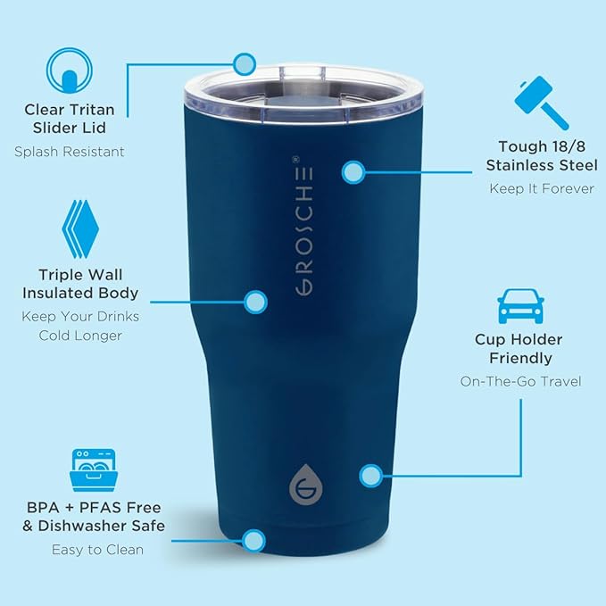 GROSCHE Yukon 20 oz Insulated Coffee Mug with Lid - Durable Travel Mug, Stainless Steel Tumblers, Vacuum Insulated Coffee Tumbler for Hot or Cold Beverages - BLUE