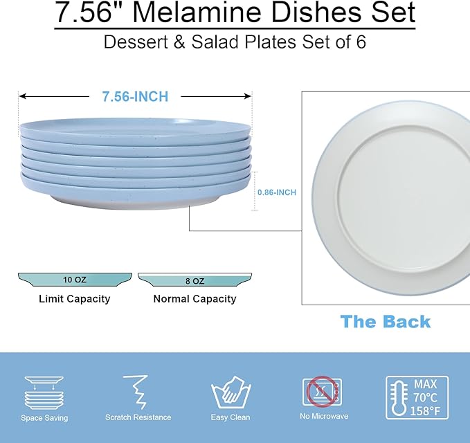 Webbylee Melamine Dessert Plates Set of 6-7.5" Serving Durable Dishes Perfect for Kitchen Outdoor Use,Durable Small Plates for Salad-Blue & Beige