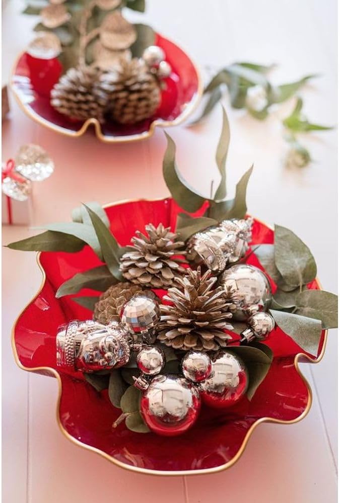 Vietri Holiday Glass Medium Ruffled Bowl, 12"D Red/Gold Decorative Christmas Serving/Mixing Dish