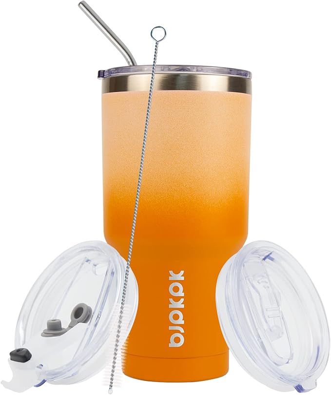 BJPKPK 30oz Stainless Steel Vacuum Insulated Tumbler Set Double Wall Travel Mug Coffee Cup with Metal Straws, Splashproof Lids,Coral