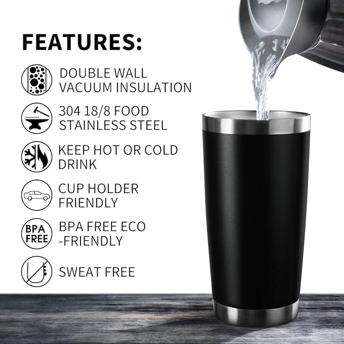 20oz Tumbler Bulk Stainless Steel Vacuum Insulated Tumblers with Lid Double Wall Travel Mug Durable Powder Coated Coffee Cup, Suitable for Ice Drinks and Hot Beverage (Black 1pack)