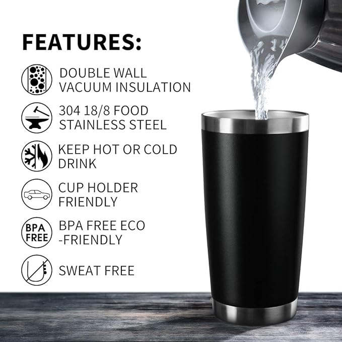 20oz Tumbler Bulk Stainless Steel Vacuum Insulated Tumblers with Lid Double Wall Travel Mug Durable Powder Coated Coffee Cup, Suitable for Ice Drinks and Hot Beverage (Black 6pack)