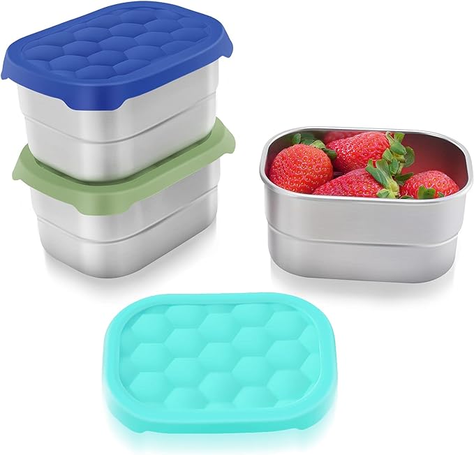 Small (1 CUP) Stainless Steel Snack Containers for Kids | Easy Open Leak Proof Food Containers with Silicone Lids - Perfect Metal Toddler Lunch Box for Daycare and School (8oz)