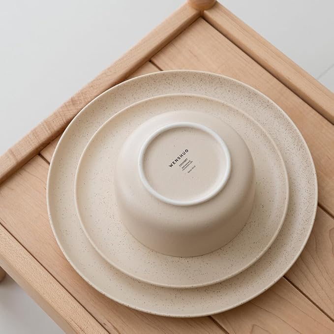 Stoneware Plates and Bowls Set - 12pcs Reactive Glazed Dinnerware Service for 4, Scratch & Chip Resistant (Oat Beige)