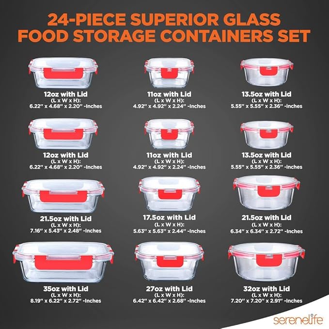 SereneLife 24 Piece Glass Storage Containers with Lids, 12 Pack Glass Meal Prep Container Set for Lunch, Kitchen Storage, Food Storage, Leak Proof, Freezer Safe and Dishwasher Safe, Red