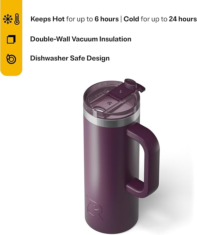 RTIC 20oz Road Trip Travel Mug with Lid and Handle, Ceramic Lined, Insulated, Stainless Steel, Metal, Double Wall Vacuum-Insulation, Portable Coffee, Tea Cup for Hot and Cold Drink, Plum