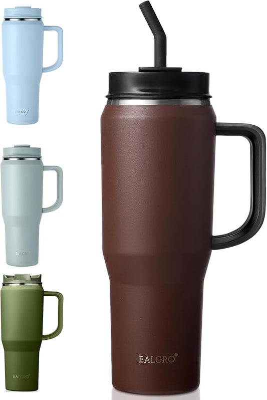 40 oz Tumbler with Handle, Insulated Tumblers with Lid and Straw, Large Metal Sports Water Bottle Jug, Thermal Stainless Steel Travel Coffee Mug Cup, Wetlands Brown