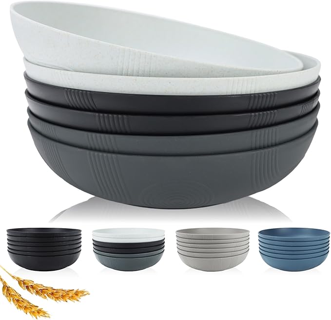 PYRMONT Wheat Straw Salad Bowls - 65oz Large Pasta Bowls - 10 Inches Serving Bowl Set of 6 - Wide and Shallow Bowl for Kitchen - Dishwasher Safe - Black to Grey