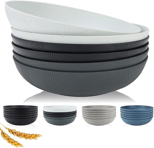 PYRMONT Wheat Straw Salad Bowls - 65oz Large Pasta Bowls - 10 Inches Serving Bowl Set of 6 - Wide and Shallow Bowl for Kitchen - Dishwasher Safe - Black to Grey
