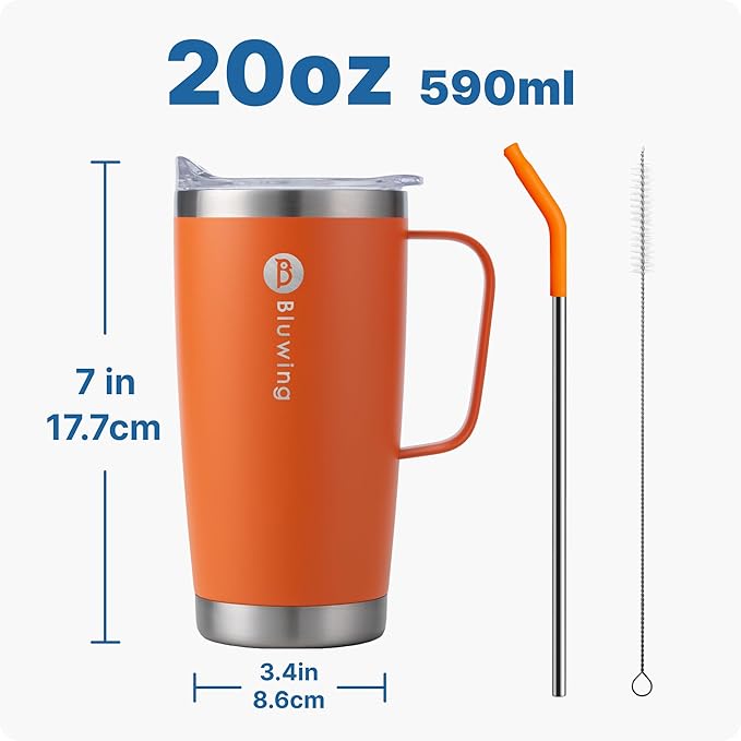 20 oz Insulated Tumbler with Handle Stainless Steel Travel Coffee Mug with Lid and Straw, Double Wall Tumbler Cups for Women and Men, BPA Free (Orange)