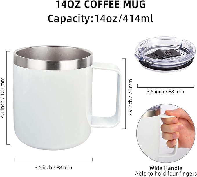 Volhoply 14oz sublimation Insulated Stainless Steel Coffee Mug with Lid Bulk 8 Pack,Double Wall Vacuum Travel Coffee Cup with Handle,Reusable Metal Cups Tumbler,Camping Mugs(Sublimation,8)