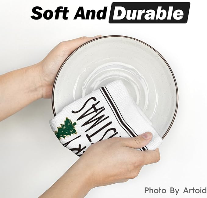 Artoid Mode Black Xmas Tree Merry Christmas Kitchen Towels Dish Towels, 18x26 Inch Farmhouse Star Snowflakes Decoration Cleaning Set of 2