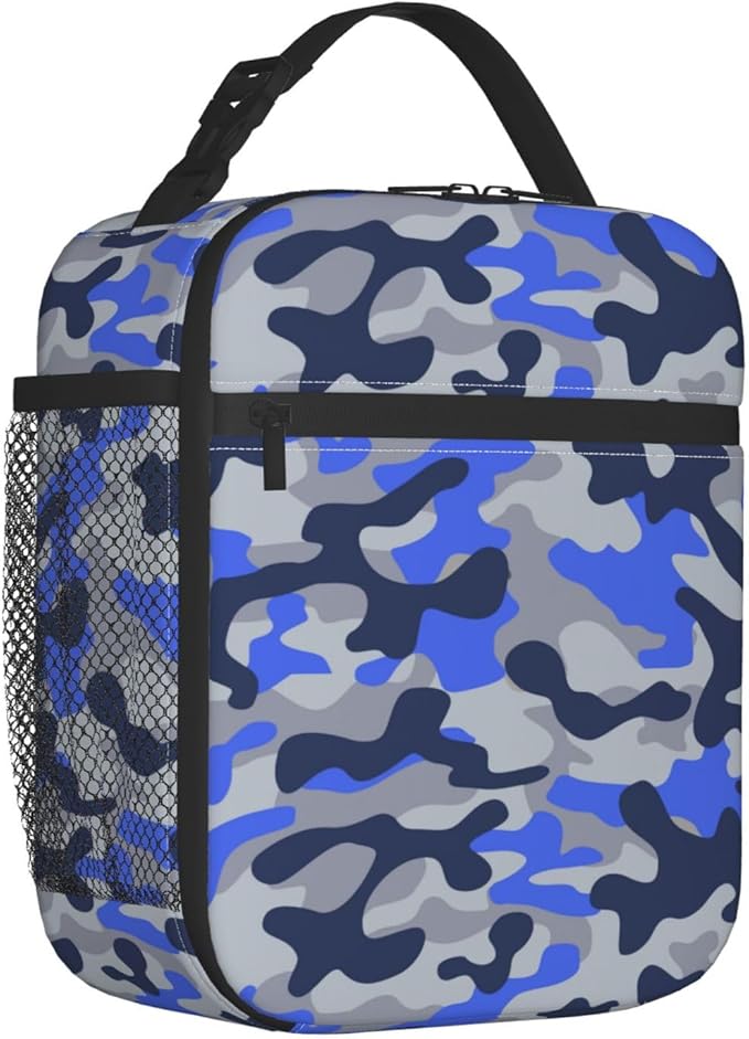 Blue Camo Insulated Lunch Bags For Men Women Boys Girls,Cooler Tote Reusable Lunch Box For Work Office Travel,Easy-To-Clean Bento Box Bento Bag,Reusable Lunch Bags For School/Work/Picnic