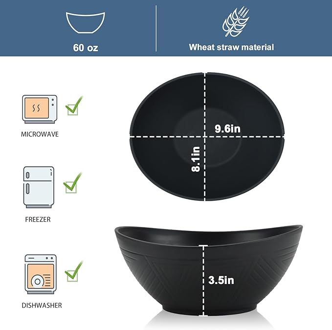 Wrova 65oz Large Salad Bowls Black - Wheat Straw Salad bowls Set of 4 - Unbreakable Salad Bowls Dishware & Microwave Safe - BPA Free Bowls for kitchen,camping