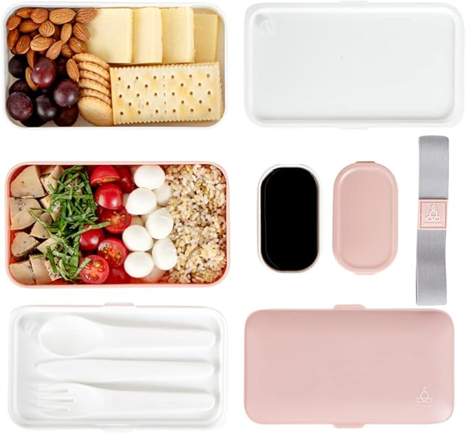 Restaurantware Bento Tek 40.5 Ounces Stackable Lunch Box 1 Reusable Adult Lunch Container - With Utensils Included Sauce Cup Pink & White Plastic Layered Lunch Box Microwavable Dishwashable