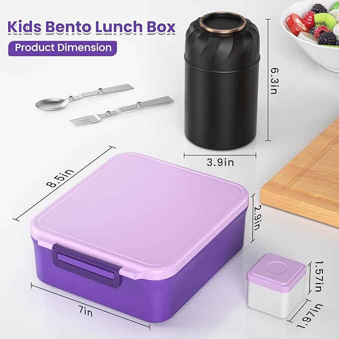 Bento Lunch Box for Kids, Lunch Box Adult with 17oz Soup Thermo, Folding Fork & Spoon, Leakproof Lunch Food Containers with 4 Compartment for School, Office, Travel and Park Pinic