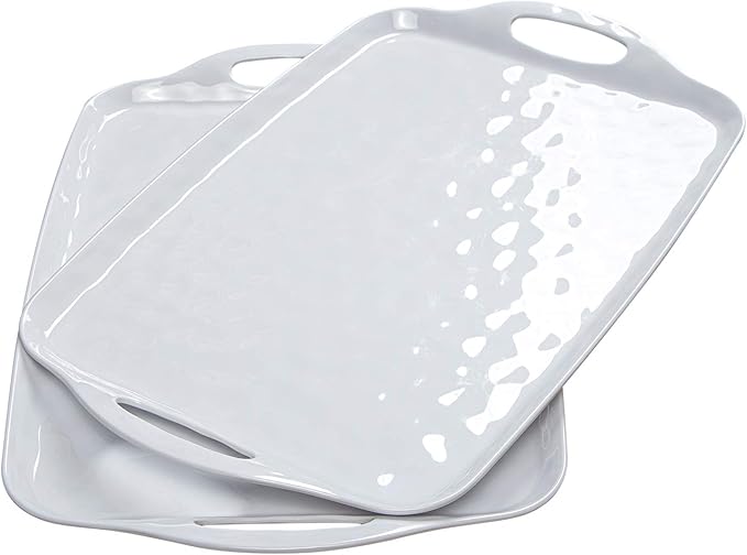 TP Serving Tray with Handles, Large Rectangle Melamine Serving Platter Set of 2, Pure White (19” x 12”)