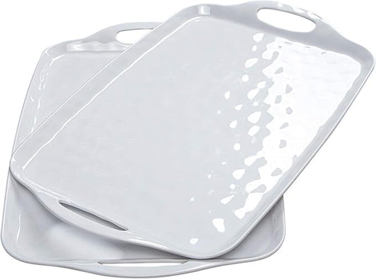 TP Serving Tray with Handles, Large Rectangle Melamine Serving Platter Set of 2, Pure White (19” x 12”)