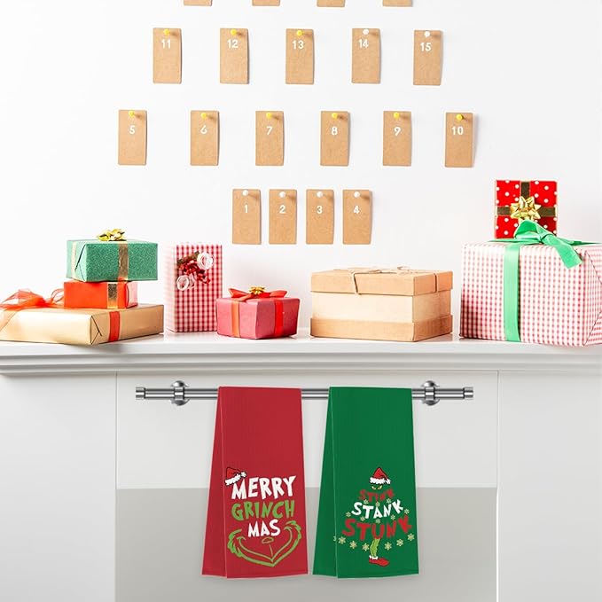 Christmas Kitchen Towels Set of 2,Funny Christmas Decor, Green Mas Red Santa Snowflake Hand Drying Baking Cooking Cloth, Winter Holiday Xmas Decor Home Decorations 14 x 23 Inches