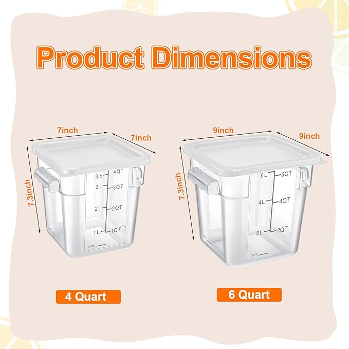 Suclain 8 Pack 4 QT and 6 QT Food Storage Containers with Lids Scales Handles Square Clear Restaurant Food Storage Containers Polycarbonate Commercial Grade for Kitchen Marinating Meat Dough(White)