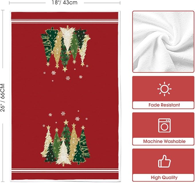 Artoid Mode Red Xmas Tree Merry Christmas Kitchen Towels Dish Towels, 18x26 Inch Farmhouse Star Snowflakes Decoration Cleaning Set of 2