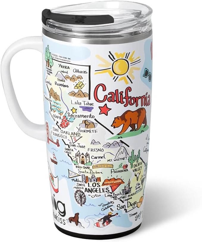Swig Life 22oz Travel Mug, Insulated Tumbler with Handle and Lid, Travel Coffee Mug, Cup Holder Friendly, Stainless Steel 22 oz Tumbler, Reusable Insulated with Lid (California)