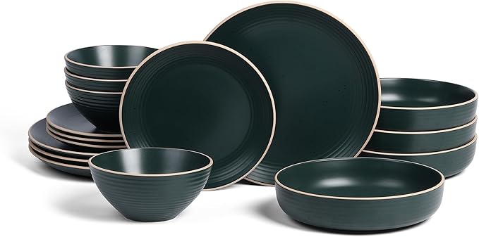 Stone Lain Lauren Modern Stoneware 16-piece Round Dinnerware Set, Plates and Bowls Set, Dish set for 4, Dark Green