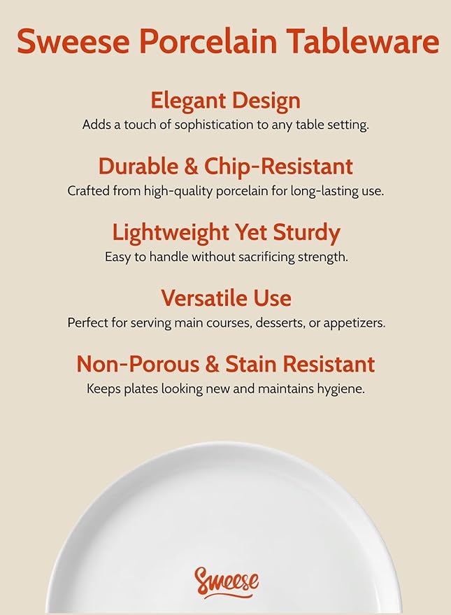 Sweese 10 Inch Porcelain Dinner Plates, White, Set of 6 - Microwave, Oven, Dishwasher Safe, Scratch-Resistant