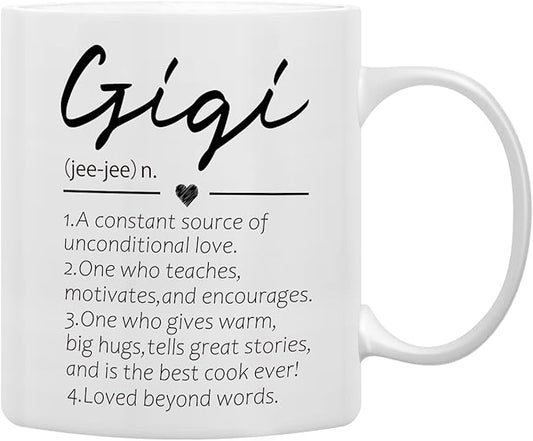 QASHWEY Gigi Definition Coffee Mug, Grandma Mother's Birthday Gifts for Granddaughter Grandson, Double Side Printed Ceramic Mug Cup 11 Ounce
