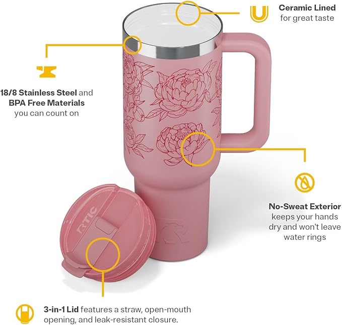 RTIC 40 oz Road Trip Tumbler Double-Walled Cermaic Lined Insulated Stainless Steel Portable Travel Coffee Mug Cup with Lid, Handle and Straw, Pink Peonies