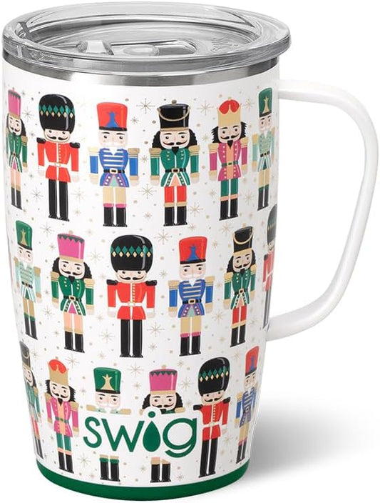 Swig Life 18oz Travel Mug, Insulated Tumbler with Handle and Lid, Cup Holder Friendly, Dishwasher Safe, Stainless Steel, Travel Coffee Cup (Classic Nutcracker)