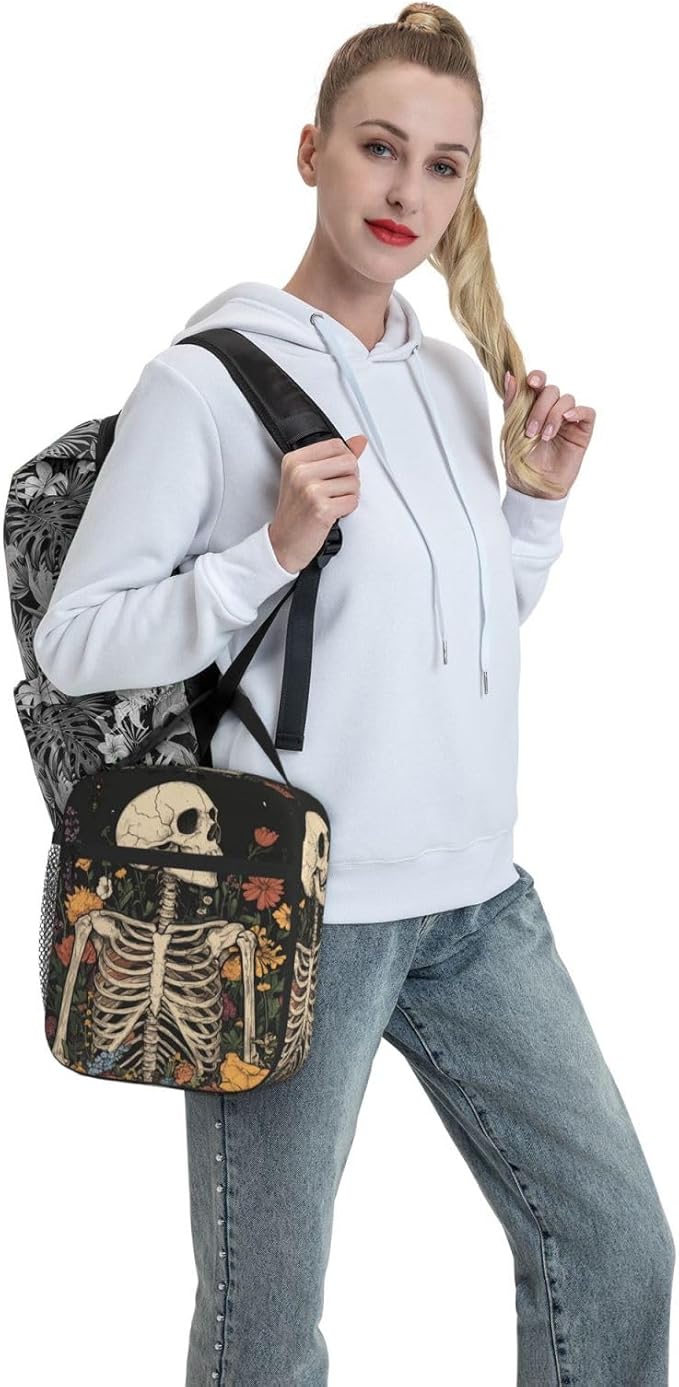 SUPLUCHOM Lunch Bag Skeleton Flower Skull Vintage Insulated Box Reusable with Side Pocket for Girl Boy Women Men Work School Picnic Hiking Daytrip Over 3 Years Old
