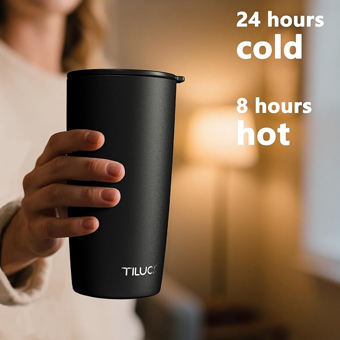TILUCK 20 oz Tumbler with Leak-Proof Lid, Vacuum Insulated Stainless Steel Coffee Mug, Double-Walled Travel Tumbler for Hot and Cold Drinks(MidnightBlack, 20oz)