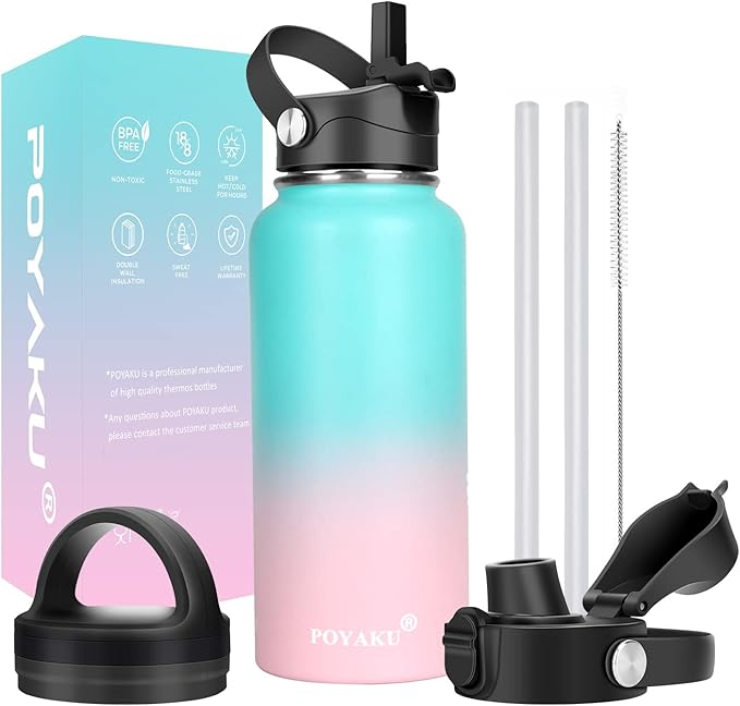 Water Bottle Insulated 32oz 40oz 64oz 128oz Straw Lid Spout Lid & 3 Lids, Leak Proof, Vacuum Insulated,Stainless Steel Water Bottle Wide Mouth for Sports, Gym or Office