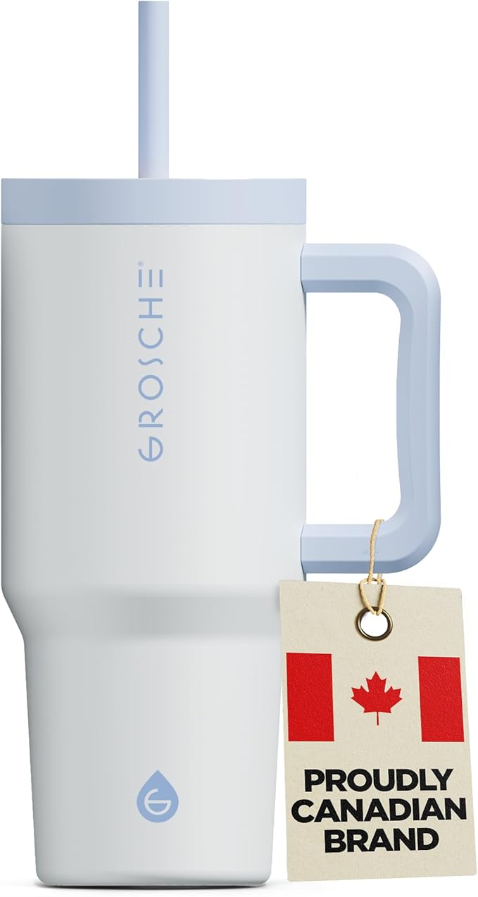 GROSCHE ASPEN 32 oz Tumbler with Handle and Straw. Extreme Insulation, Classy Design, Built to Last Insulated Stainless Steel Tumbler with Handle, Lid and Straw - Frost White