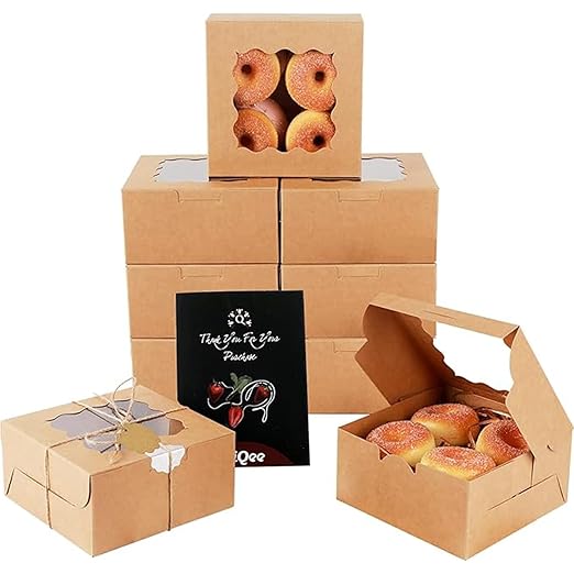 qiqee Kraft Cookie Boxes with Window 100packs 6x6x3 Brown Bakery Box Kraft Paper Boxes for Cookie, Pastry, Cupcake, Pie, Donut
