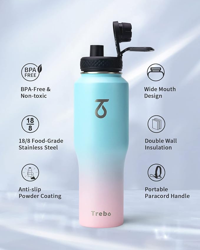 Trebo 32oz Insulated Water Bottle that Fits in Cup Holder, Stainless Steel Triple Wall Tumbler Flask Bottles with Paracord Handle, with Straw Spout Lids, Keep Cold for 48 Hrs/Hot 24 Hrs,Bubble Gum