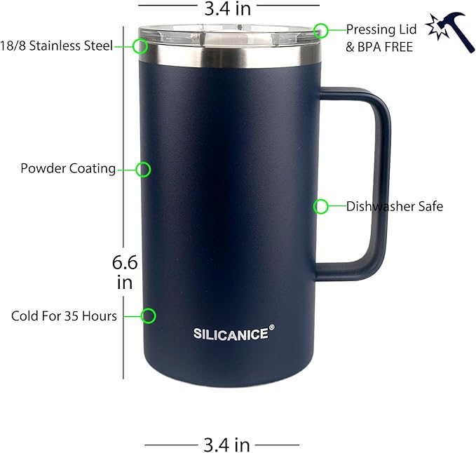 24 oz stainless steel glass with handle double-wall insulation, easy to hold and clean, suitable for coffee, beverages, cola, protein powder, beer Navy