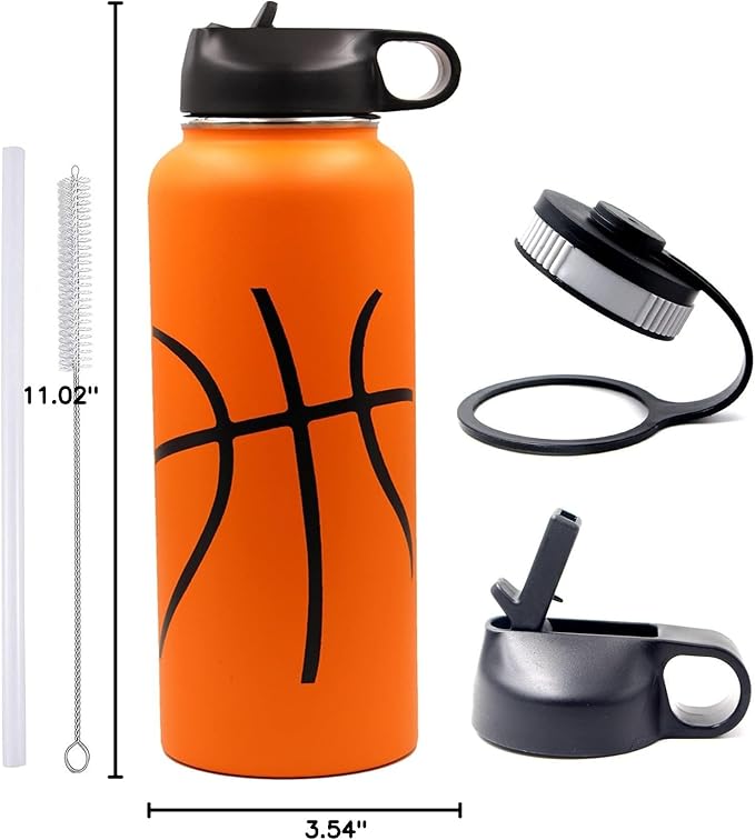 40 oz Basketball Water Bottle, Metal Thermo Travel Tumbler Sports Flask with 2 Lids, Stainless Steel Double Wall Vacuum Insulated Leakproof Water Jug, Basketball Accessories Stuff Gifts for Boys Girls