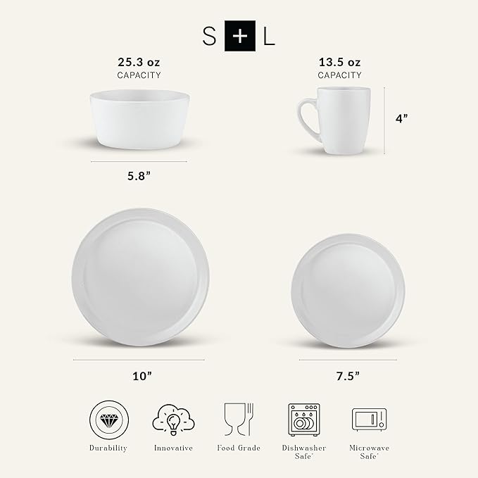 Stone Lain Albie Stoneware 16 Piece Dinnerware Set, Plates and Bowls Sets, Dish Set for 4, White Speckled, Microwave & Dishwasher Safe