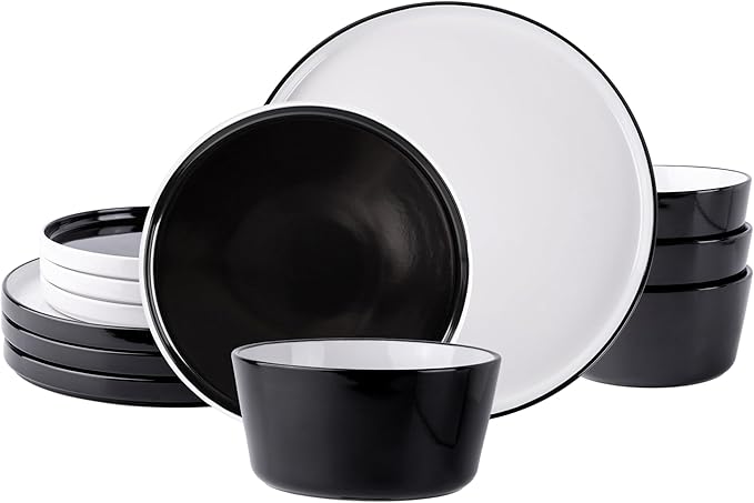 AmorArc Dinnerware Sets for 4, 12 Piece Stoneware Plates and Bowls Set, Chip and Crack Resistant Plates Set, Dishwasher & Microwave Safe Ceramic Dishes - (Black and White, Service for 4)