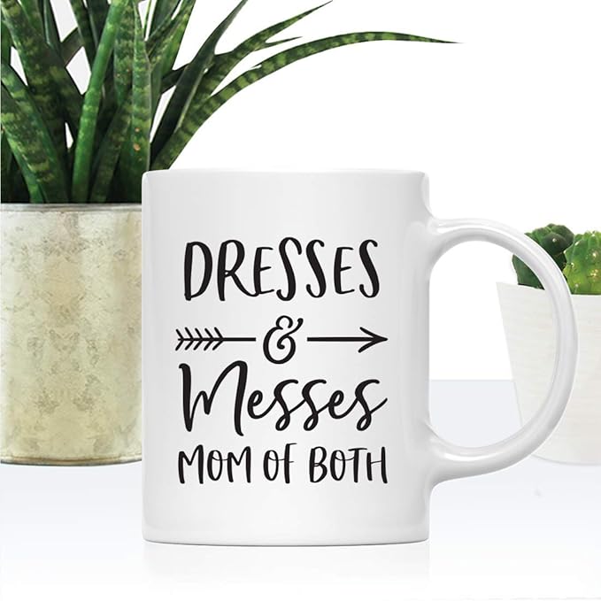 Andaz Press Mother's Day 11oz. Ceramic Coffee Tea Mug Gift for Mom, Dresses and Messes, Mom of Both, 1-Pack