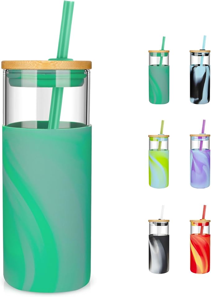 Tronco 20 oz Glass Tumbler with Lid and Straw, Iced Coffee Cup and Smoothie Cup with Bamboo Lids & Protective Silicone Sleeve, Dishwasher Safe, BPA-Free, Glass Cup 1 Pack