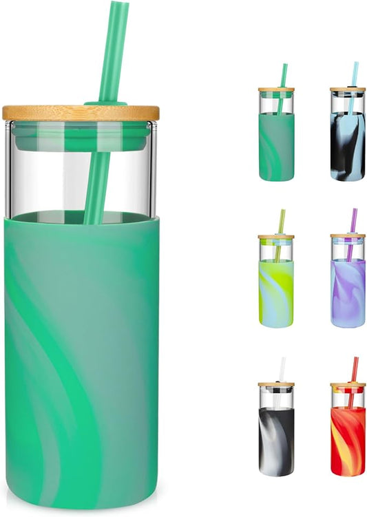 Tronco 20 oz Glass Tumbler with Lid and Straw, Iced Coffee Cup and Smoothie Cup with Bamboo Lids & Protective Silicone Sleeve, Dishwasher Safe, BPA-Free, Glass Cup 1 Pack