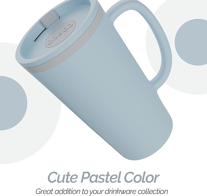 Copco Cone 16oz Insulated Travel Mug with Handle, Double Wall, Slide-Closure Lid, BPA-Free, Microwave & Dishwasher Safe, Reusable Plastic Travel Coffee Tumbler - Portable Coffee Cup (Light Blue)