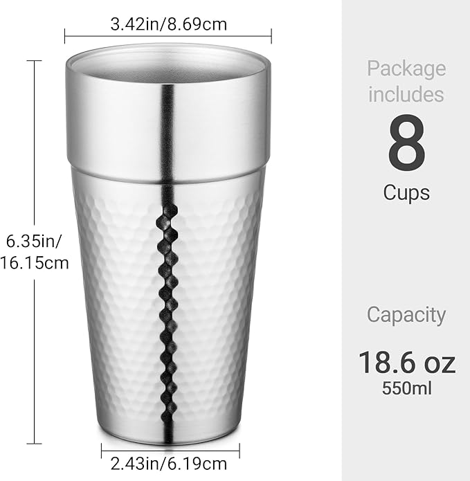 Beasea Stainless Steel Cups 19 oz, 8 Pack Large 18.6oz 550ml Stainless Steel Tumbler Stackable Double Wall Insulated Metal Drinking Glasses for Home Restaurant Office Party Camping
